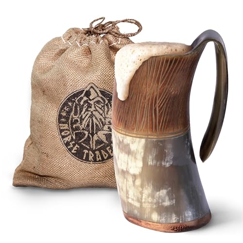 Norse Tradesman LG Viking Drinking Horn Mug - 100% Authentic Flame Treated Beer Horn Tankard with Engravings | The Jarl, Approx. 500 MLS von Norse Tradesman