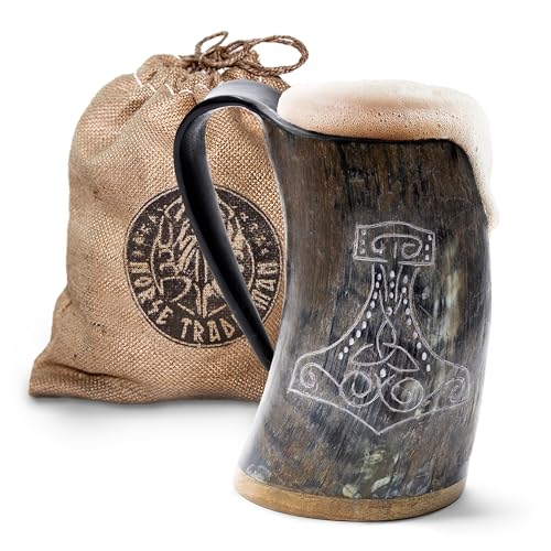 Norse Tradesman LG Viking Drinking Horn Mug - 100% Genuine Horn Tankard With Thor's Hammer Engraving | The Mjolnir, Low Polish, approx. 500 mls von Norse Tradesman