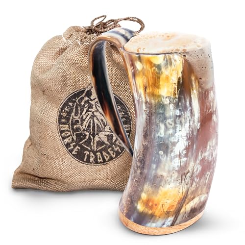 Norse Tradesman Original LG Viking Drinking Horn Mug - 100% Authentic Beer Horn Tankard With Natural Surface & Burlap Gift Sack | The Original, Low Polish, approx. 900 mls von Norse Tradesman