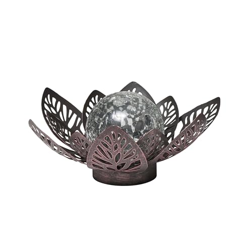 Northpoint Dekorative Akku Solar Lotus Wasserlilie aus Metall mit Glaskugel warmweißes Licht - Bruchglasoptik (Braun mit Stanzmuster, 1x groß) von Northpoint