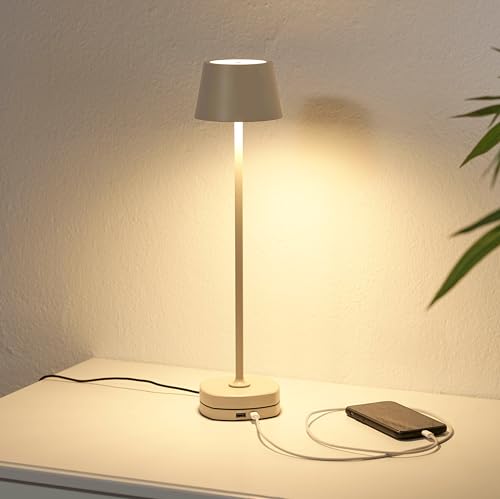 Northpoint LED Akku Tischlampe mit Ladestation max. 45cm hoch mit 3000mAh Akku 200lm warmweißes Licht (3000K) stufenlos dimmbar für Innen und Außen beige von Northpoint