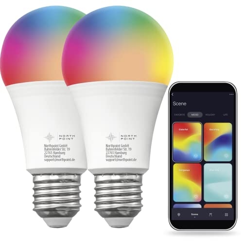 Northpoint LED Glühbirne E27 RGB Warmweiß Kaltweiß Tageslichtweiß 2er-Set mit WIFI TUYA, Smart Home, 9W, 800lm von Northpoint