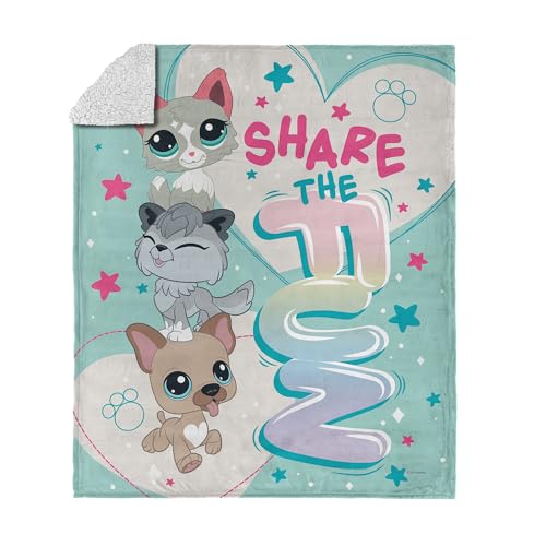 NORTHWEST Littlest Pet Shop Share The Fun Silk Touch Sherpa-Überwurfdecke, offizielles Hasbro ultraweiches Fleece mit gemütlicher Sherpa-Rückseite, Sammlerbett oder Couch-Überwurf, 127 x 152 cm von Northwest