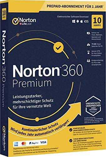 Norton Life Lock Norton 360 Premium 75GB GE 1 USER 10 DEVICE 12MO Jahreslizenz, 10 Lizenzen Windo 21394925 von Norton