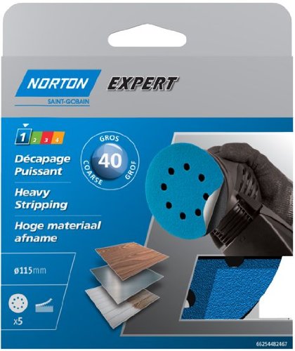 Norton Expert Pex, schwer, Abisolieren Schleifscheibe mit 8 Löchern, selbstklebend, Durchmesser: 115 mm, Körnung 40, 5 Stück von NORTON
