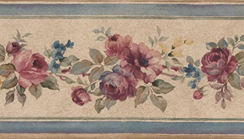 Rosa blühende Rosen beige Blumen Tapete Bordüre Retro Design, Rolle 15 'x 8,9 cm von Norwall