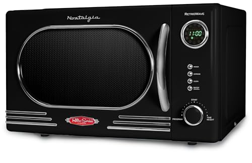 Nostalgia NRMO11BK6A Retro-Arbeitsplatte, Mikrowelle, 1000 W, leicht zu reinigen, mit abnehmbarem Glas-Drehteller, Kindersicherung, 12 Programme, Digitaluhr, 1,1 cu Ft, Schwarz von Nostalgia