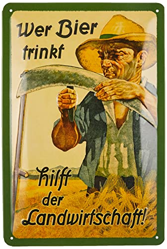 Nostalgic-Art Retro Blechschild, 20 x 30 cm, Wer Bier trinkt hilft der Landwirtschaft – Geschenk-Idee für Bier-Fans, aus Metall, Vintage Design mit Spruch von Nostalgic-Art