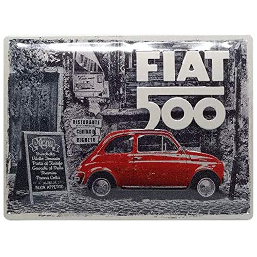 Nostalgic-Art Retro Blechschild, 30 x 40 cm, Fiat 500 – Red car in the street – Geschenk-Idee für Fiat Fans, aus Metall, Vintage Design von Nostalgic-Art