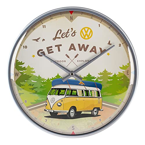 Nostalgic-Art 51092 Retro Wanduhr Volkswagen Bulli – Let's Get Away – VW Bus Geschenk-Idee, Große Küchenuhr, Vintage-Design zur Dekoration, 31 cm von Nostalgic-Art