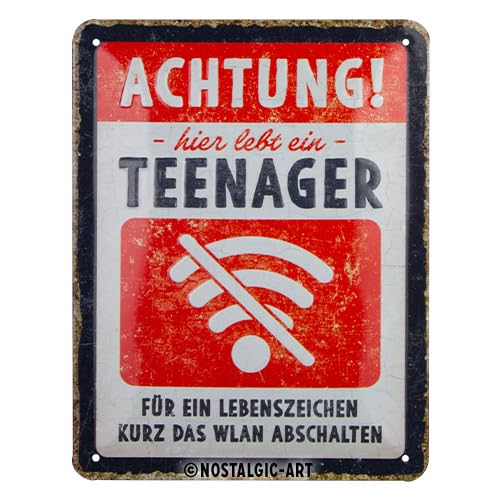 Nostalgic-Art Retro Blechschild, 15 x 20 cm, Achtung Teenager WLAN – Warnschild als Geschenk-Idee, aus Metall, Vintage Design mit Spruch von Nostalgic-Art