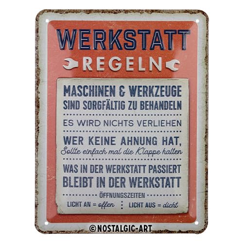 Nostalgic-Art Retro Blechschild, 15 x 20 cm, Werkstattregeln – Geschenk-Idee für Motor-Fans, aus Metall, Vintage Design mit Spruch von Nostalgic-Art