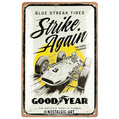 Nostalgic-Art Retro Blechschild, 20 x 30 cm, Goodyear – Blue Strikes again – Geschenk-Idee für Motor-Fans, Original Lizenzprodukt (OLP), aus Metall, Vintage Design, Blechschilder Sprüche, Reifen-Deko von Nostalgic-Art