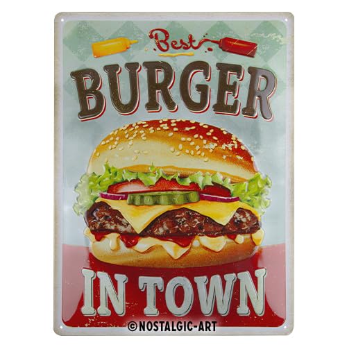 Nostalgic-Art Retro Blechschild, 30 x 40 cm, Best Burger in Town – Geschenk-Idee für Diner-Fans, aus Metall, Vintage Design, Blechschilder Sprüche von Nostalgic-Art
