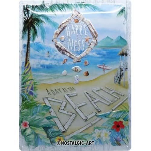 Nostalgic-Art Retro Blechschild, 30 x 40 cm, Happiness is a day at the beach – Geschenk-Idee für Camping-Fans, aus Metall, Vintage Design, Blechschilder Sprüche von Nostalgic-Art