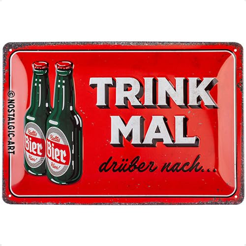 Nostalgic-Art Retro Blechschild, 20 x 30 cm, Trink mal drüber nach – Geschenk-Idee für Bier-Fans, aus Metall, Vintage Design mit Spruch von Nostalgic-Art