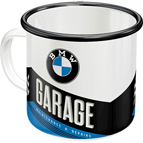 Nostalgic-Art Retro Emaille-Tasse, 360 ml, BMW – Garage – Geschenk-Idee für BMW Accessoires Fans, Camping-Becher, Vintage Design von Nostalgic-Art
