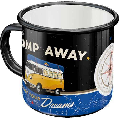 Nostalgic-Art Retro Emaille-Tasse, 360 ml, VW Bulli – Let's Camp Away Night – Volkswagen Bus Geschenk-Idee, Original Lizenzprodukt (OLP), Camping-Becher, Vintage Design von Nostalgic-Art