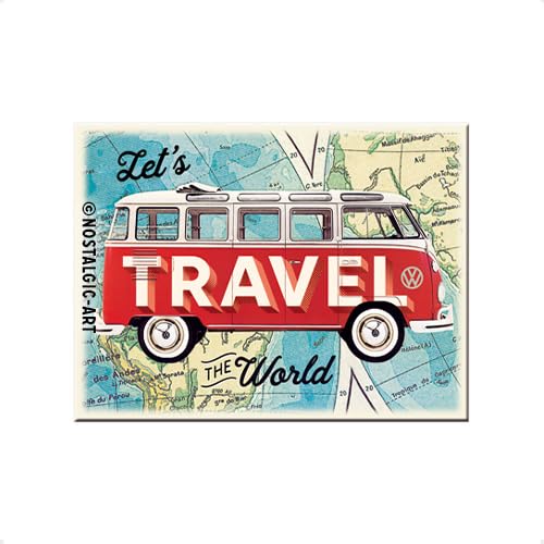 Nostalgic-Art Retro Kühlschrank-Magnet, 6 x 8 cm, VW Bulli – Let's Travel The World – Volkswagen Bus Geschenk-Idee, aus Metall, Vintage Design von Nostalgic-Art