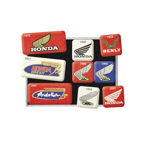 Nostalgic-Art Retro Kühlschrank-Magnete, 9 Stück, Honda MC – Logo Evolution – Geschenk-Idee für Honda-Zubehör Fans, Magnetset für Magnettafel, Vintage Design von Nostalgic-Art