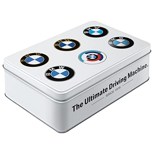 Nostalgic-Art Retro Vorratsdose Flach, 2,5 l, Original Lizenzprodukt (OLP), BMW – Logo Evolution – Geschenk-Idee für BMW Accessoires Fans, Blech-Dose mit Deckel, Vintage Design von Nostalgic-Art