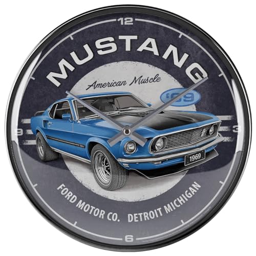 Nostalgic-Art Retro Wanduhr, Ø 31 cm, Ford Mustang – 1969 Mach 1 Blue – Geschenk-Idee für Ford-Zubehör Fans, Große Küchenuhr, Vintage Design von Nostalgic-Art