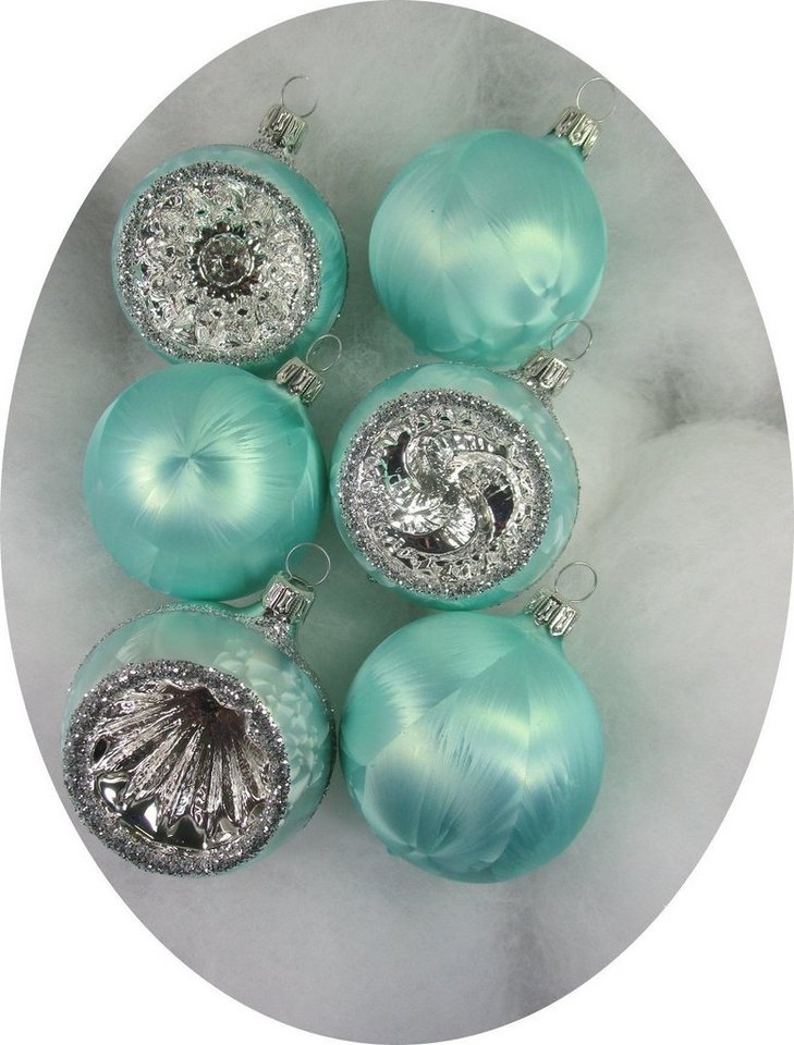 Nostalgie Christbaumschmuck Thüringen Christbaumschmuck "Kugeln + Reflexe Eislack" (6-tlg), mundgeblasen von Nostalgie Christbaumschmuck Thüringen