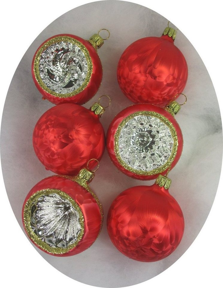 Nostalgie Christbaumschmuck Thüringen Christbaumschmuck "Kugeln + Reflexe Eislack" (6-tlg), mundgeblasen von Nostalgie Christbaumschmuck Thüringen