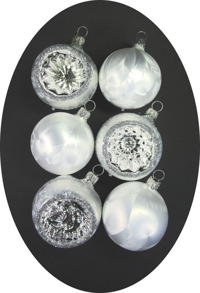 Nostalgie Christbaumschmuck Thüringen Christbaumschmuck "Kugeln + Reflexe Eislack" (6-tlg), mundgeblasen von Nostalgie Christbaumschmuck Thüringen