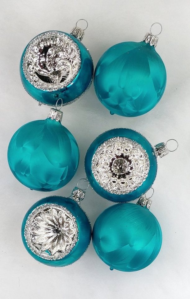 Nostalgie Christbaumschmuck Thüringen Christbaumschmuck "Kugeln + Reflexe Eislack" (6-tlg), mundgeblasen von Nostalgie Christbaumschmuck Thüringen