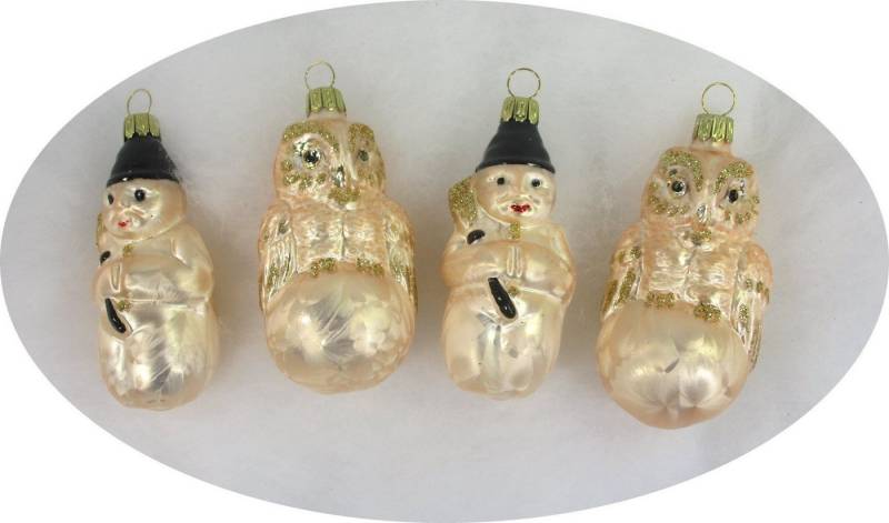 Nostalgie Christbaumschmuck Thüringen Christbaumschmuck Schneemann und Eule Set Eislack (4-tlg), MADE IN GERMANY von Nostalgie Christbaumschmuck Thüringen