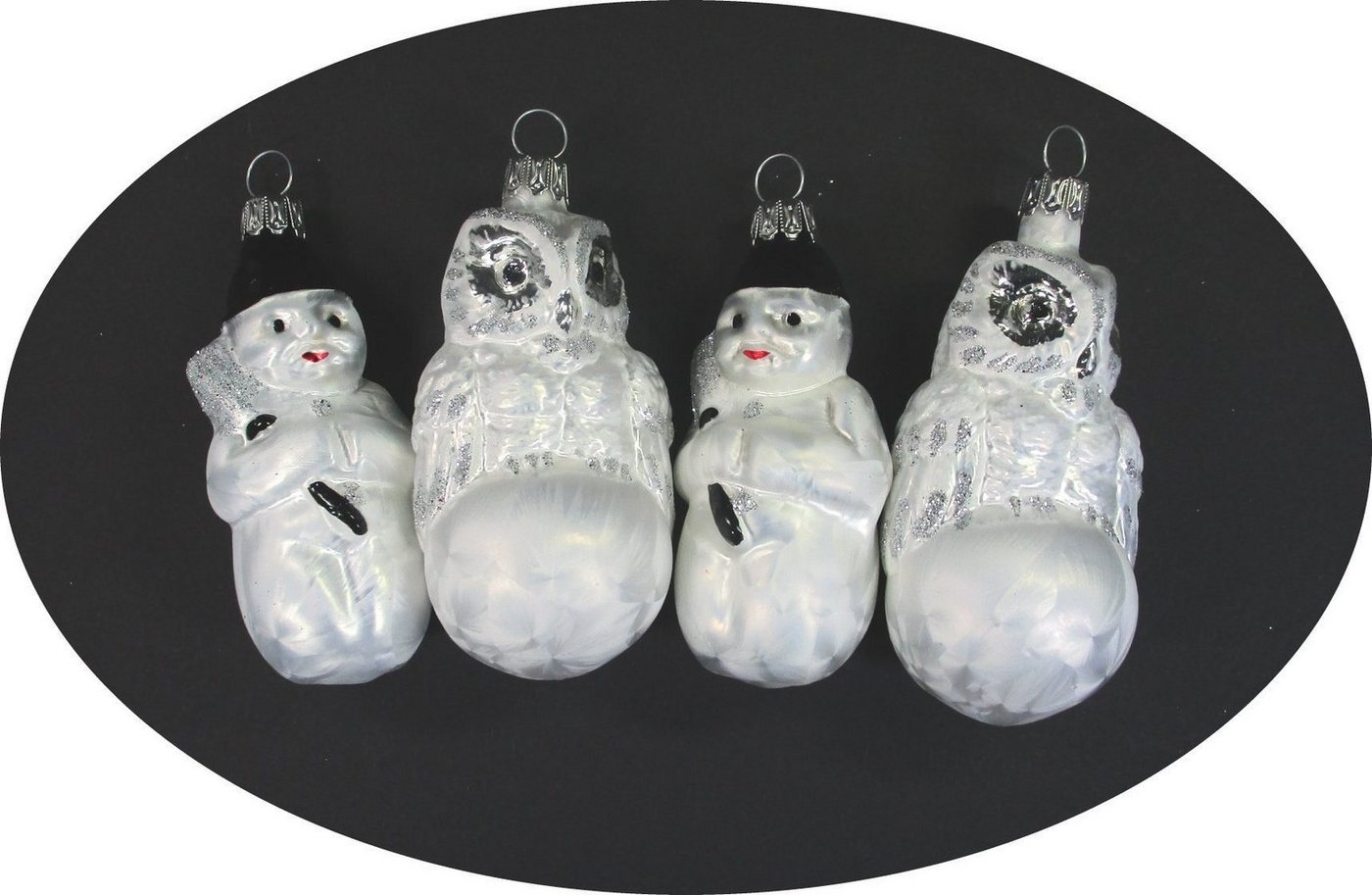 Nostalgie Christbaumschmuck Thüringen Christbaumschmuck Schneemann und Eule Set Eislack (4-tlg), MADE IN GERMANY von Nostalgie Christbaumschmuck Thüringen