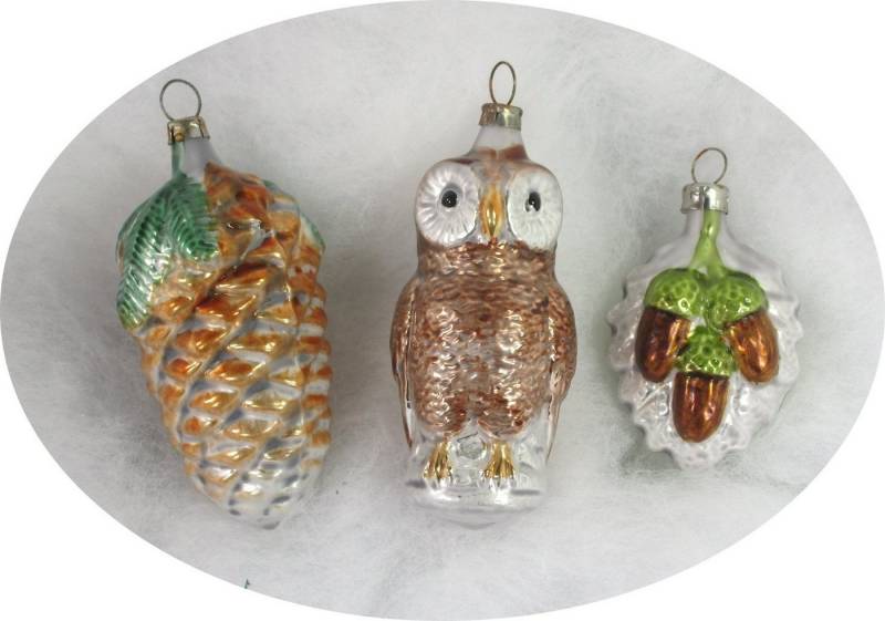 Nostalgie Christbaumschmuck Thüringen Christbaumschmuck Nostalgische Eule, Zapfen und Blatt (3-tlg), "Nostalgische Eule, Zapfen und Blatt" von Nostalgie Christbaumschmuck Thüringen