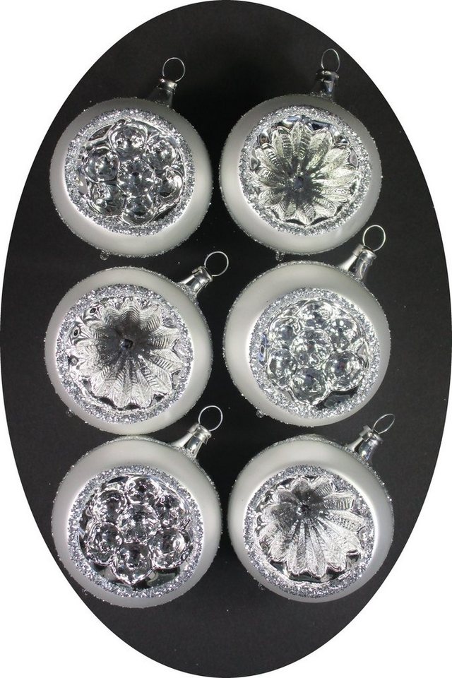 Nostalgie Christbaumschmuck Thüringen Christbaumschmuck Reflexkugeln 6cm, silbern/ weiss Rand (6-tlg), Reflexkugeln 6cm, silbern/ weiss Rand "" von Nostalgie Christbaumschmuck Thüringen