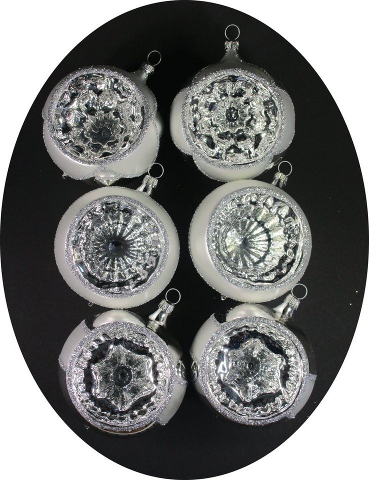 Nostalgie Christbaumschmuck Thüringen Christbaumschmuck Reflexkugeln 8cm, silbern/ weiss (6-tlg), Reflexkugeln 8cm, silbern/ weiss von Nostalgie Christbaumschmuck Thüringen
