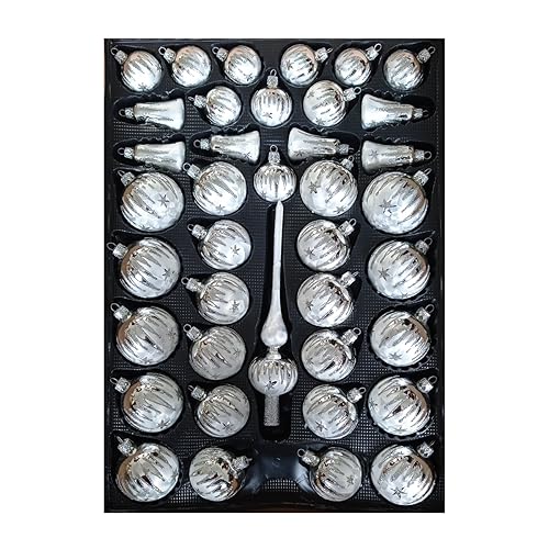 Christbaumkugeln 40-TLG. Set Lauscha in Eislack weiß mit Silber Zacken bemalt von Nostalgie-Christbaumschmuck