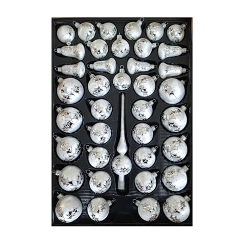 Christbaumschmuck 40-TLG. Set in Eislack Weiss mit Christdorn liebevoll bemalt, Exklusiv von Nostalgie-Christbaumschmuck