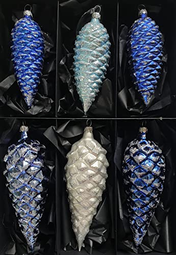 Thüringer Christbaumschmuck Exclusiv BLAU Weiss Mix Zapfen 12+16cm Handarbeit Germany 6er Set von Nostalgie-Christbaumschmuck