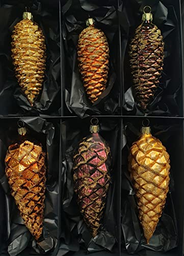 Thüringer Christbaumschmuck Exclusiv Gold Braun Kupfer Zapfen 12+16cm Handarbeit Germany 6er Set von Nostalgie-Christbaumschmuck