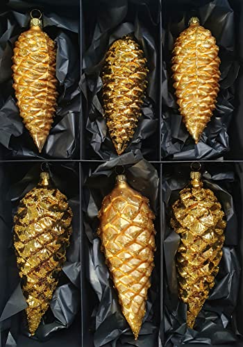 Thüringer Christbaumschmuck Exclusiv Gold Zapfen 12+16cm Handarbeit Germany 6er Set von Nostalgie-Christbaumschmuck