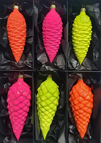 Thüringer Christbaumschmuck Exclusiv NEON Zapfen 12+16cm Handarbeit Germany 6er Set Pink Orange Gelb von Nostalgie-Christbaumschmuck