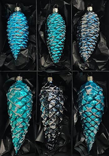 Thüringer Christbaumschmuck Exclusiv Petrol Türkis Blau Zapfen 12+16cm Handarbeit Germany 6er Set von Nostalgie-Christbaumschmuck