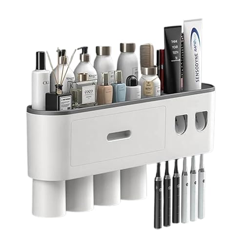 Nostimo ModernHome Badregal, 3 Größen, Zahnbürstenhalter, Zahnpastaspender, Badezimmerregal, Magnetische Becher, Praktische Schublade, Einfache Installation, Wandbefestigung (L (20 × 47 × 10 cm)) von Nostimo