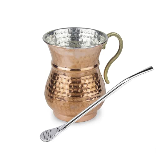 Nosy Nomad Kupfertasse: Gehämmerte Kupfertasse für Ayran | Türkischer Becher aus reinem Kupfer für kalte Getränke und Wiederverwendbarer Metallstrohhalm und Reinigungsbürste (300 ml) von Nosy Nomad