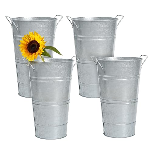 Notakia 30,5 cm große verzinkte Metallvasen im Bauernhaus-Stil, französische Blumeneimervasen für Schnittblumen für Heimdekoration und Hochzeitstischdekoration (groß, silberfarben, 4 Stück) von Notakia