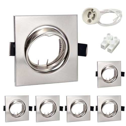 Wondlumi 6er LED Einbaustrahler Rahmen GU10 Set Schwenkbar Edelstahl Gebürstet Einbauspots 68mm Eckig 230V Einbaurahmen inkl. Fassung für LED oder Halogen von Wondlumi