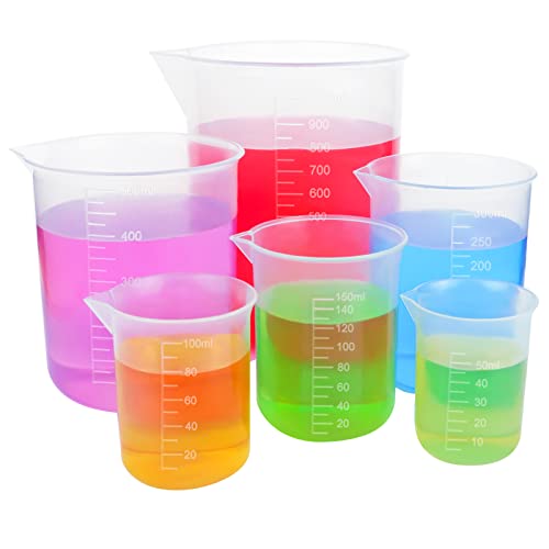 GZLFH 6 Stk Labor Messbecher, Transparente Kunststoff Meßbecher 50ml 100ml 150ml 250ml 500ml 1000ml Bruchsichere Hitzebeständige Präzise Skala für Tägliche DIY Labormessungen von Nothers