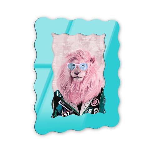 Lion Pop Star Maximalist Wall Art – Aqua gewellter Acryl-Wandrahmen, 40,6 x 61 cm – skulpturelle dimensionale Wandkunst – moderne Dekoration von NOTORIART von NotoriArt