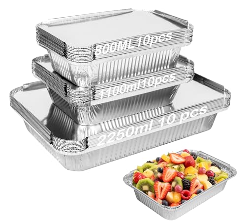 Notwoe 30 Stück Aluschalen Grill,Grillschalen Aluminium 2250ml/1100ml/800ml,Aluschalen Mit Deckel,Alu Grillschalen Wiederverwendbar,Grill Aluschalen Für Kochen,Rösten,Backen,Braten. von Notwoe