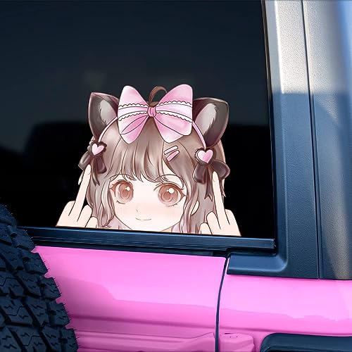 Nouiroy 3D Anime Peeking Aufkleber Anime Peeker Auto Aufkleber für Frauen Doppelseitig Selbstklebend Anime Cartoon Mädchen Aufkleber für Autos Fenster Stoßstangen Computer Laptop (Rosa Schleife, von Nouiroy